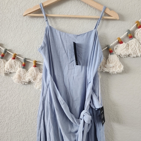 Lulus Stay Sunny Light Blue Faux Wrap Tie Midi Dress Sleeveless Overlap Skirt L - Picture 5 of 11
